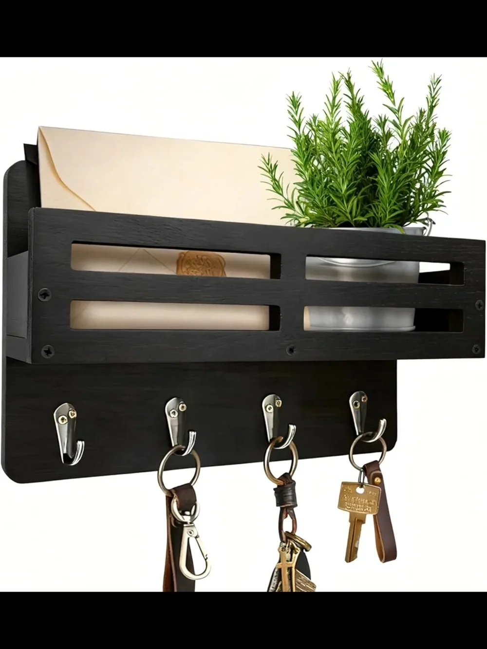 Wall-Mounted Mail & Key Organizer Rack in Black